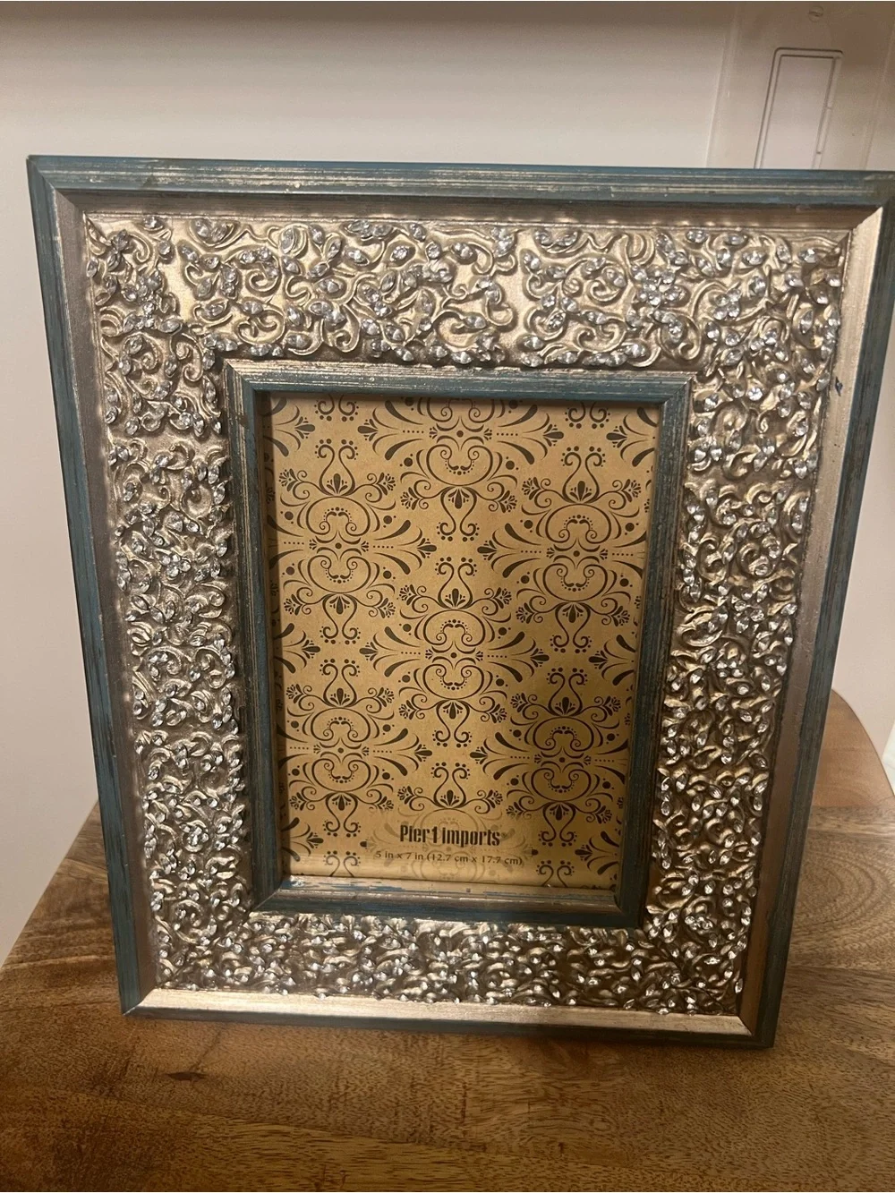 Pier 1 Silver and Teal Embossed Ornate with rhinestones Picture Frame